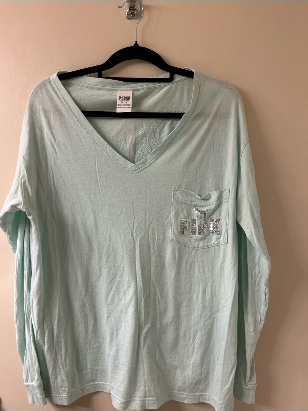 PINK Victoria's Secret Mint Green Sequin Dog Long Sleeve Pocket Tee Size M